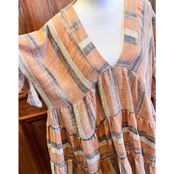 Lulus Striped Double V-Neck Tiered Mini Dress - Dusty Orange - Size XS* WD25 - Picture 3 of 12